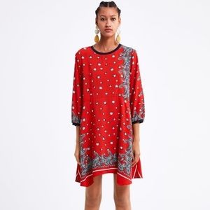 Zara 3/4 Sleeve Print Mini Dress red sz S